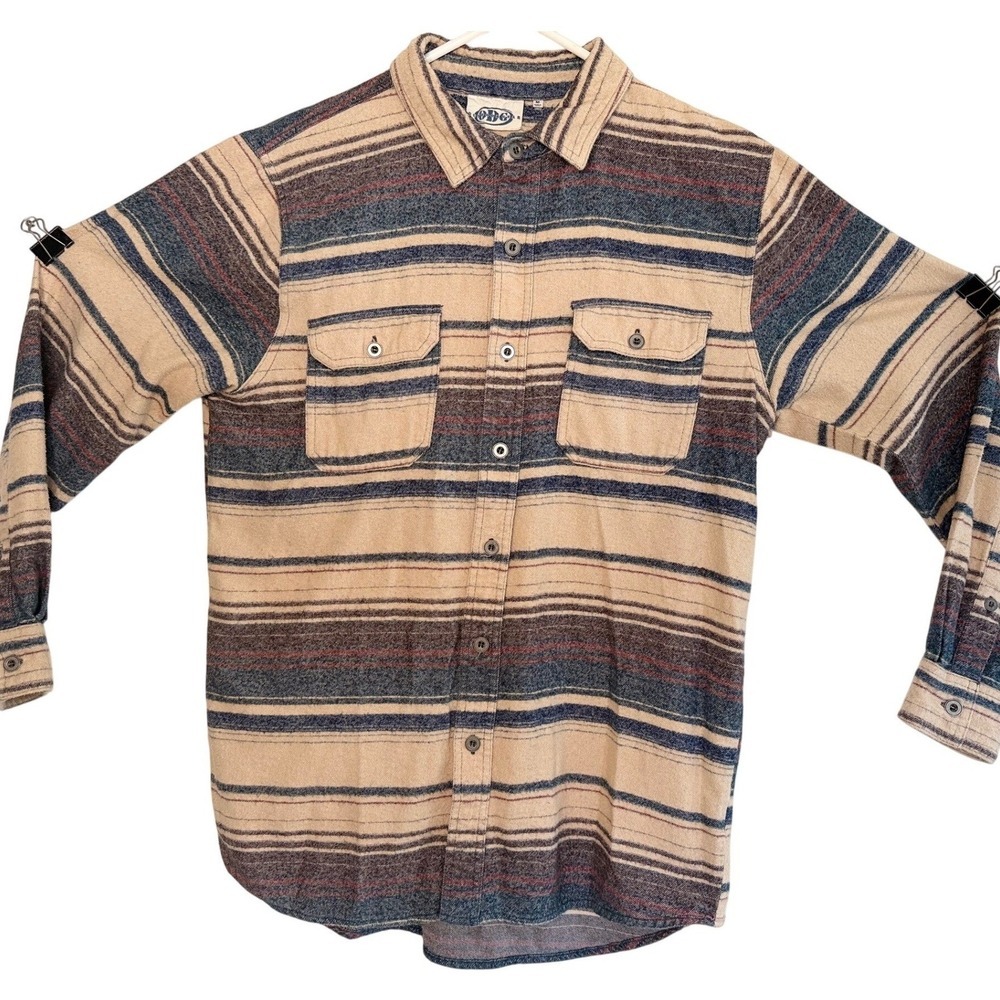 ODG Western 100% Cotton Flannel Shirt Mens Medium Tan Blue Striped Button Down
